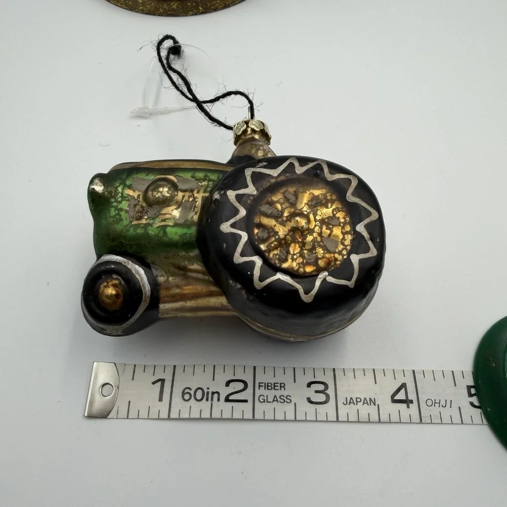 Mercury‎ Glass Hand Painted Green Tractor Ornament with Gold Detailing